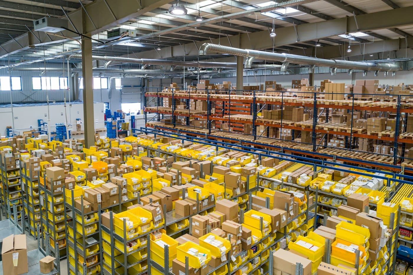 Warehouse racking stacked with palletised inventory